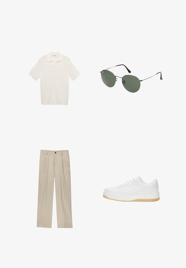 Bílé polo tričko s krátkým rukávem a texturovaným pleteným vzorem, s malým límečkem a polo zavíráním na knoflíky. Jednoduchý a minimalistický design.; Béžové kalhoty klasického střihu, se jedním černým knoflíkem, poutky na opasek a bočními kapsami. Hladká textilie a minimalistický design.; Bílé kožené tenisky s texturovaným povrchem, vybavené gumovou podrážkou, šněrovacím designem a jemnými proužkovými akcenty po stranách.; Sluneční brýle s kovovým rámem a oválnými zelenými skly. Tenký stříbrný kovový rám a černé chrániče uší. Minimalistický design, žádné viditelné logo.