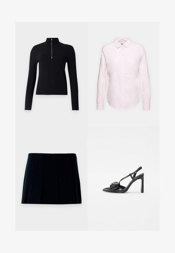 Fekete bordázott, hosszúujjú felső, amely magas gallérral és fél cipzárral rendelkezik. Az anyag textúrázottnak és testhezállónak tűnik, egyszerű, modern dizájnnal.; Világos rózsaszín hosszúujjú ing, gombos gallérral, egyenes hemmerrel és puha tapintással, könnyű pamut anyagból készült.; Fekete, pliszírozott miniszoknya anyagból. Egyenes derékrésszel és több függőleges redővel rendelkezik a forma és a textúra érdekében.; Fekete, magassarkú cipő, hegyes orral, fényes felülettel, vékony pántokkal és díszes redőzött részlettel az elején.