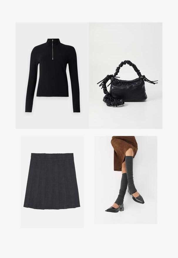 Black ribbed long-sleeve top features a high collar with a half zipper. The fabric appears textured and fitted, with a simple, modern design.; Dark gray pleated skirt with an elastic waistband, featuring a textured fabric and a classic A-line silhouette. Suitable for casual wear.; Black patent leather pointed-toe shoes with a block heel and ankle strap, paired with gray ribbed leg warmers and a brown suede skirt.; Black faux leather handbag with a crocodile texture, cinched top, and a scrunched strap. Appears soft and compact in design.