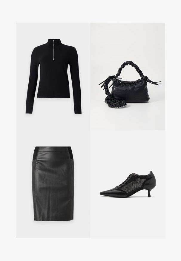 Le haut noir à manches longues à côtes est doté d'un col montant avec une demi-fermeture éclair. Le tissu semble texturé et ajusté, avec un design simple et moderne.; Jupe crayon en cuir noir avec une coupe ajustée, texture lisse et accents de ceinture élastique de chaque côté. Ourlet plat en bas.; Chaussure noire à bout pointu avec un design en panneau en maille, présentant un petit talon et un laçage à l'avant. Fabriquée à partir d'une combinaison de cuir et de matériau en maille.; Sac à main en simili cuir noir avec une texture crocodile, un dessus resserré et une sangle froncée. A l'apparence douce et compacte.