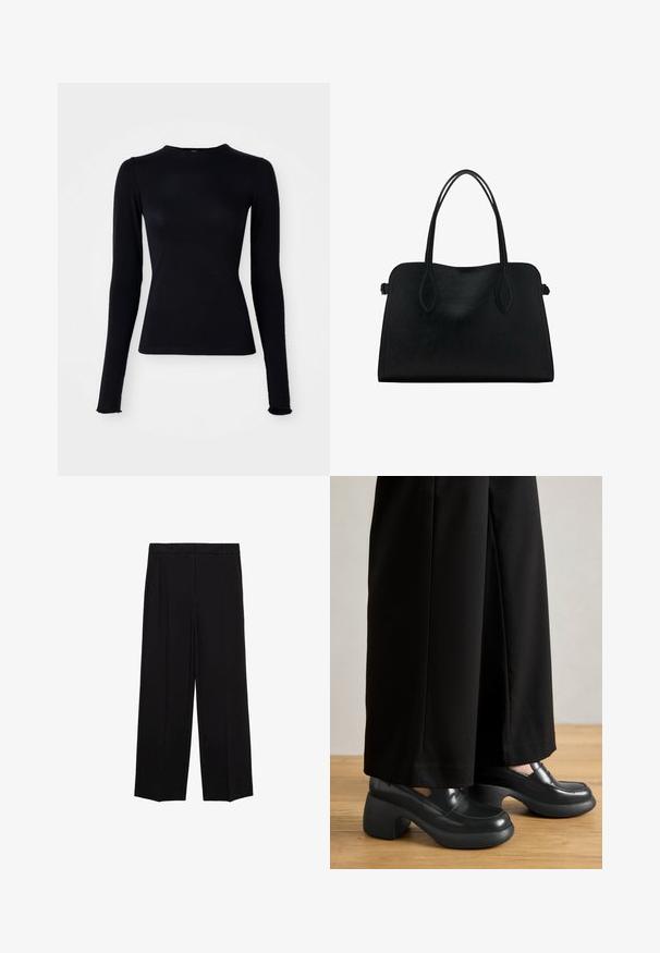 Bluză neagră cu mâneci lungi, dintr-un material neted și elastic. Are un guler înalt și un croi slim, cu manșete ușor evazate.; Pantaloni negri cu croială largă dintr-un material neted, cu pliseuri în față și buzunare laterale, concepuți cu o croială dreaptă și relaxată.; Pantofi cu platformă negri, cu un finisaj lucios și vârf rotund; toc gros, texturat, de culoare neagră, cu o ușoară curbă; purtați cu pantaloni negri largi.; Geantă din piele neagră cu două mânere pentru umăr, formă rectangulară și design minimalistic pe un fundal alb.