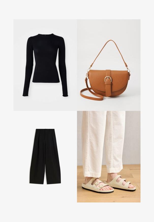 Czarna, długorękawowa bluzka wykonana z gładkiego, elastycznego materiału. Posiada wysoki dekolt i dopasowany krój, z lekko rozszerzonymi mankietami.; Czarne spodnie szerokie z gładkiego materiału, z wysokim stanem, plisami z przodu i bez widocznych ozdób czy wzorów.; Jasno-beżowe sandały z trzema regulowanymi paskami z metalowymi klamrami, wyściełaną wkładką oraz czarną gumową podeszwą.; Brązowa skórzana torba na ramię o zaokrąglonym kształcie, ze złotymi akcentami i zapięciem w formie klamry. Posiada odpinany pasek na ramię.