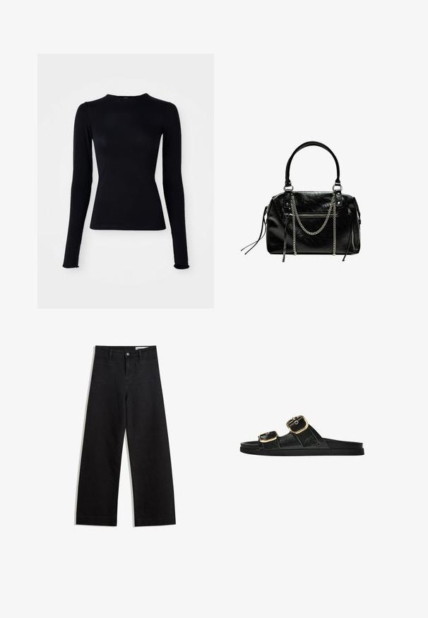 Czarna, długorękawowa bluzka wykonana z gładkiego, elastycznego materiału. Posiada wysoki dekolt i dopasowany krój, z lekko rozszerzonymi mankietami.; Czarne dżinsowe spodnie o szerokich nogawkach i wysokim stanie, z przednimi i tylnymi kieszeniami, przeszyciami oraz zapięciem na guziki. Gładka struktura.; Czarne klapki z dwoma złotymi klamrami, gładki materiał, płaska podeszwa i minimalistyczny design.; Bershka - Torebka