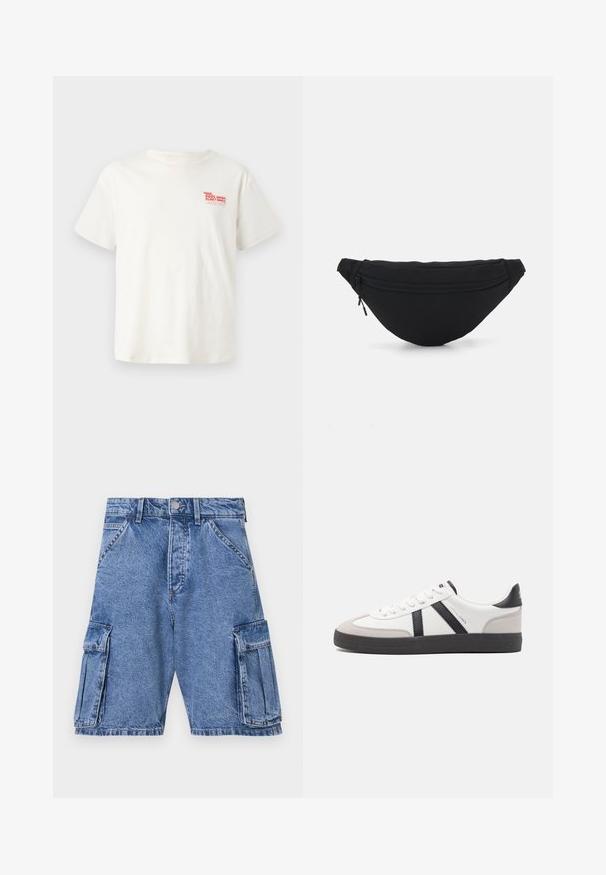 Witte katoenen t-shirt met korte mouwen, voorzien van een rode afbeelding "POOL REPAIR FLOAT SERVICE" op de linkerkant van de borst.; Blauwe denim cargoshorts met een hoge taille, meerdere cargozakken aan de zijkanten en een klassieke vijf-pocket stijl. Stonewashed textuur.; Witte sneaker met zwarte en grijze accenten, voorzien van een grijze neus met textuur, zwarte rubberen zool en platte witte veters. Schoon ontwerp, minimalistische stijl.; Zwarte stof heuptas met een afgeronde vorm, voorzak met rits en een gladde textuur. Geen zichtbare patronen of accenten. Lichtgewicht ontwerp.