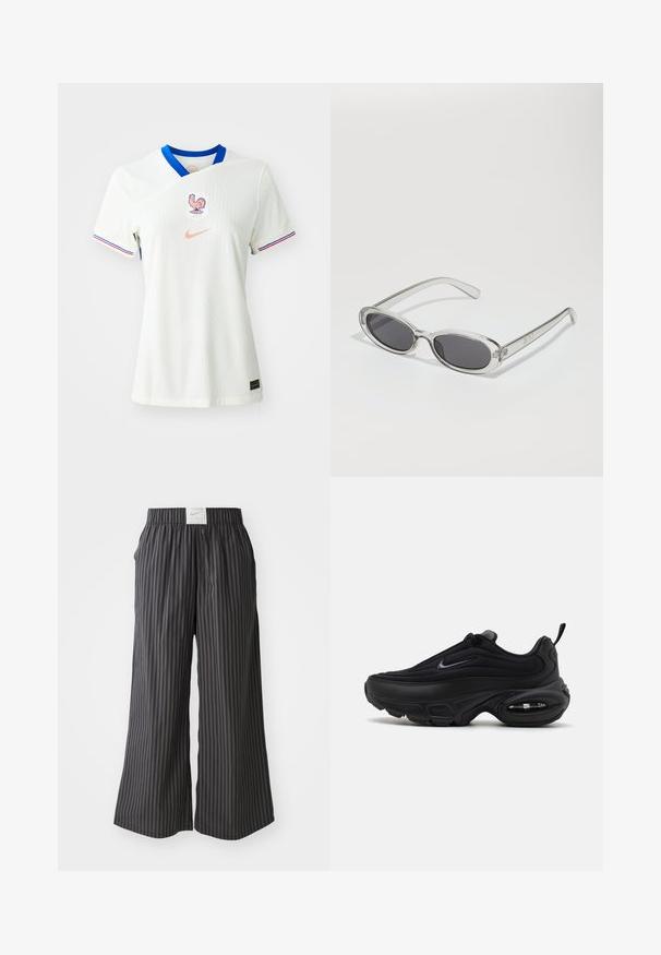 Bela nogometna majica Nike z modrim ovratnikom, ki vsebuje emblem petelina in logotip "FFF", ter rdeče in modre proge na rokavih.; Črne in sivo prugaste široke hlače z elastičnim pasom in oznako Nike na hrbtu. Lahka tkanina, ohlapna zasnova.; Črne atletske čevlje z gladkim, teksturiranim zgornjim delom. Imajo okroglo nosnico, oblazinjen ovratnik in vidno zračno blazinico v podplatu.; Sončna očala ovalne oblike, prozoren plastičen okvir, temno sivi leči in tanke prozorne roke z logotipnimi akcenti in minimalnimi detajli.