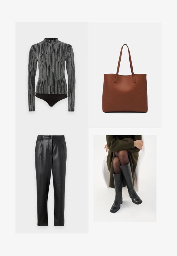Fekete bodysuit hosszú ujjakkal és magas nyakkal. Jellemzője egy textúrázott szürke minta, amely függőleges csíkokra emlékeztet. Simább anyagú felület.; Fekete bőr nadrág sima textúrával, egyenes szabással, rugalmas derékkal és elülső gombos záródással; pliszírozott részletezéssel és szűkített lábakkal.; Térdfelett érő fekete bőr csizmák négyzet alakú orral és tömbtalppal, olajzöld kabátban ülő modellel bemutatva. Simaság, minimalista részletezés.; Barna bőr vászontáska sima textúrával, nyitott tetejű dizájnnal és két vállpánttal. Minimális varrással és látható hardver nélkül készült.