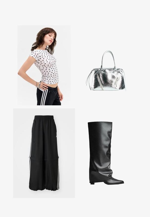 Bílá krátkosrstá tričko s námořnickými puntíky, fitted design, kulatý výstřih a jemné postranní švy. Nosit s černými teplákovými kalhotami.; Černé sportovní kalhoty s elastickým pasem, bočními pruhy a volným střihem s nařaseným lemem pro vzdušný vzhled.; Černé kožené vysoké boty na kolena s hladkým povrchem, uvolněným designem, špičatou špičkou a nízkým čtvercovým podpatkem. Minimalistický styl bez viditelné kovové aplice.; Metalická stříbrná kabelka se strukturovaným tvarem, dvěma horními uchy a zipovými kapsami na přední straně. Hladký, lesklý povrch.