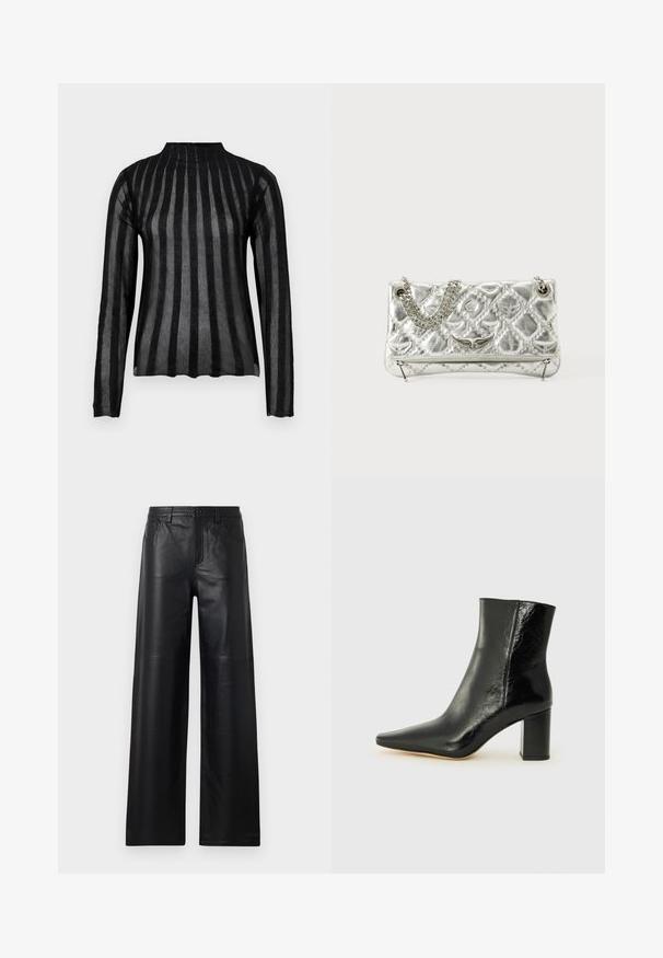 Fekete, hosszú ujjas felső, magas nyakkivágással, átlátszó csíkos mintával, amely váltakozó opálos és átlátszó részekből áll. Puha tapintás.; Széles szárú fekete bőrnadrág sima textúrával, elülső zsebekkel, gombos zárással és finom varrással.; Fekete bokacsizma fényes bőrből, hegyes orral és tömör, négyzet alakú sarokkal. Simácska textúrával és minimalista dizájnnal rendelkezik.; Ezüst színű fémes kézitáska lánckarral, steppelt textúrával, díszített varrással és cipzáros záródással. A fonákján domború részletek találhatók.