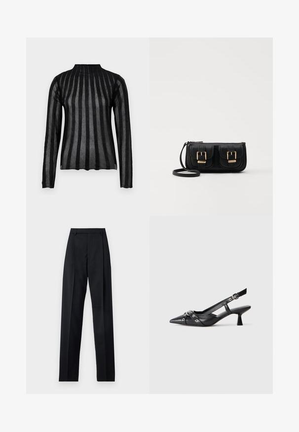 Schwarzes langärmeliges Oberteil mit hohem Kragen, das ein transparentes gestreiftes Muster in wechselnden opaken und transparenten Abschnitten aufweist. Weiche Textur.; Schwarze Hosen aus glattem Stoff mit hoher Taille, weitem Bein, vorderen Falten und klassischen Gürtelschlaufen. Keine sichtbaren Seitentaschen.; Schwarzer Leder-Slingback-Schuh mit spitz zulaufender Zehenpartie, dekorativen Riemen mit METALLÖSEN und niedrigem Blockabsatz. Strukturelle Oberfläche.; Schwarze Leder-Umhängetasche mit zwei vorderen Taschen, goldenen Schnallen, Reißverschluss und einem schmalen Tragegurt. Texturierte Oberfläche und kompakte rechteckige Form.