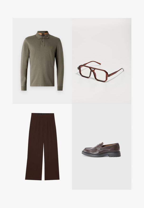 Long-sleeve olive green polo shirt made of soft cotton, featuring a classic collar, two-button placket, and an embossed logo patch.; Brown wide-leg trousers with pleats. Made of a smooth fabric, featuring a tailored waistband and side pockets. Flat hem at the bottom.; Brown leather loafers with a smooth finish, round toe, minimal stitching, and a thick black rubber sole. No visible hardware or accents.; Brown transparent oversized glasses with rectangular lenses and slender arms. Angled, slightly rounded corners and visible hardware accents.; Silver metal watch with a brushed blue dial, white hour markers, and a date display. Features a linked metallic band and brand logo.