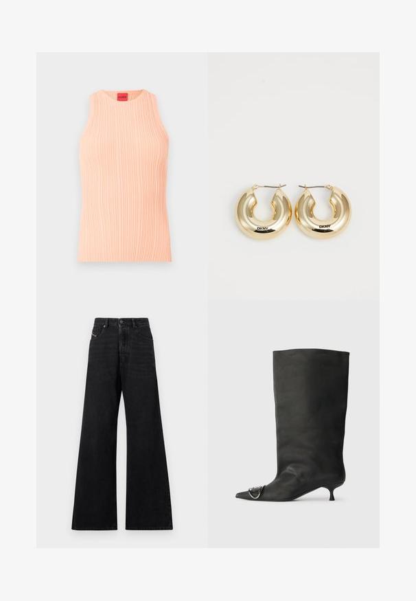 Persikofärgad ribbad ärmlös topp med rund halsringning och en åtsittande silhuett, med en framträdande HUGO-logotyp i rött vid halsringningen.; Svarta jeans med vida ben, tillverkade av denim, med hög midja, design med fem fickor och subtila sömnadsdetaljer framtill.; Svart läder ankelstövel med spetsig tå, liten klack och metallisk accentdetalj på tån. Slät, matt yta över hela skon.; Guldörhängen med en slät, rundad design och en glänsande yta, utrustade med ett lås för säkerställande. Graverade med "DKNY."
