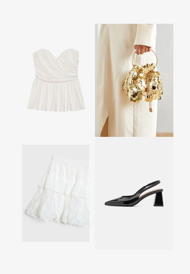 Vit axelbandslös topp med sötvattensringning, samlad textur och utställd fåll. Tillverkad av mjukt material med en slät yta.; Vit lagerkjol i lättviktsmaterial med volangdesign och blommönstrad spetskant i nederkant. Elastisk midja.; Svarta lackade slingback-klackar med spetsig tå, som har en unik geometrisk blockklack och en slät yta. Justerbar rem för stöd.; Gul paljettdragväska med ett cirkulärt handtag, featuring glänsande runda paljetter och en texturerad tyg. Måtten är inte angivna.