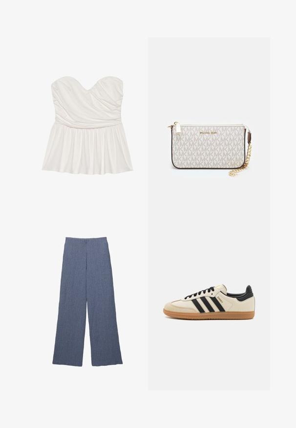 Witte straploze top met een sweetheart halslijn, geplooide textuur en uitlopend zoom. Gemaakt van zachte stof, met een gladde afwerking.; Blauwe textuur wijde broek met een ribbelpatroon, voorzien van een hoge tailleband en een losvallende pasvorm, geschikt voor casual gebruik.; Beige sportieve schoen met zwarte strepen, gumrubberen zool en zwarte accenten. Beschikt over een gladleren bovenkant en een ronde neusdesign.; Michael Kors polsbandje in beige gecoate canvas met een herhaald MK-logo patroon, gouden hardware en een afneembare kettingriem.
