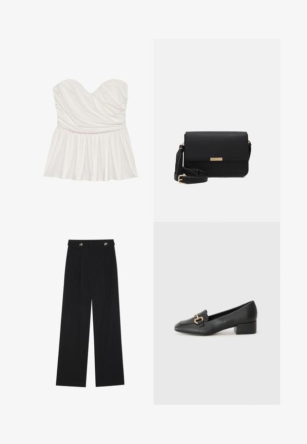 White strapless top with a sweetheart neckline, gathered texture, and flared hem. Made of soft fabric, featuring a smooth finish.; Black wide-leg trousers with high waist, button details on waistband, and front pleats.; Black leather loafers with a flat heel, featuring a decorative gold hardware detail on the front and a smooth texture.; Black leather crossbody bag with a flap closure, gold hardware accent, adjustable strap, and textured surface. Compact rectangular shape.; Set of gold-tone earrings featuring various designs, including studs, hoops, and dangling pieces with pearls and rhinestones.