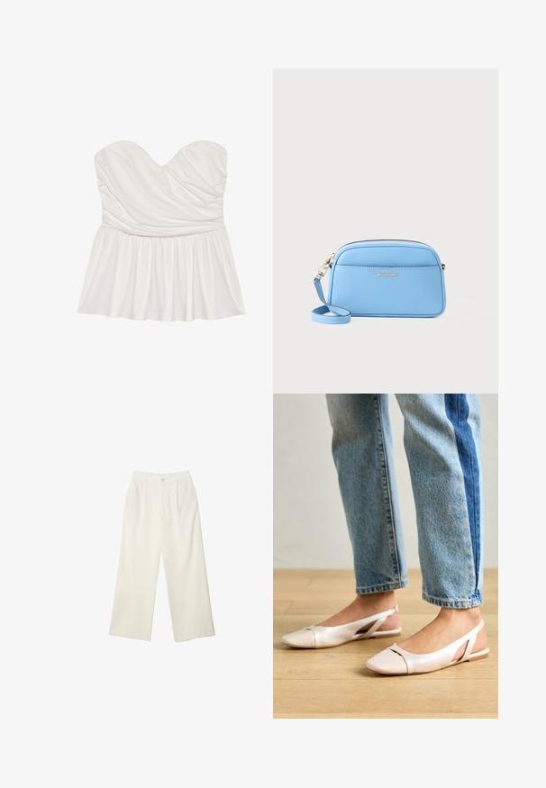 Biała top bez ramiączek z dekoltem w kształcie serca, marszczoną teksturą oraz rozszerzanym dołem. Wykonany z miękkiego materiału, o gładkim wykończeniu.; Spodnie z szerokimi nogawkami w kremowej tkaninie o gładkiej fakturze, z pojedynczym guzikiem z przodu, subtelnymi plisami i wysokim stanem.; Jasnoróżowe baleriny na odkrytej pięcie z wąskim noskiem, wykonane z gładkiego materiału imitującego skórę. Posiadają wycięcia po bokach oraz płaski obcas.; Jasnoniebieska skórzana torebka na ramię z złotymi akcentami, zamknięciem na zamek błyskawiczny i przednią kieszenią. Posiada regulowany pasek dla wygody.