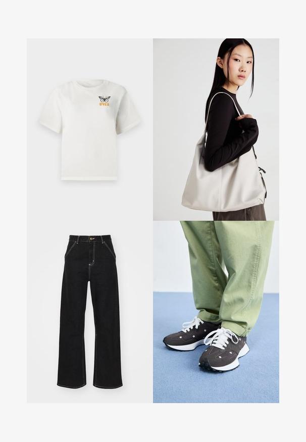 Weißes T-Shirt mit kurzen Ärmeln, das einen schwarzen Schmetterling und orangefarbigen "RVCA"-Text auf der oberen linken Brust zeigt.; Schwarze weit geschnittene Jeans aus Denim, mit kontrastierenden weißen Nähten und einem vorderen Knopfverschluss, ausgestattet mit zwei schrägen Fronttaschen.; Dunkelgraue Sneaker mit weißen Schnürsenkeln und floralen Akzenten, mit einer dicken weißen Sohle und strukturiertem Material. Getragen mit hellgrünen Hosen.; Beige Handtasche aus weichem Material, mit einem lässigen Design, gesteppten Details und zwei Schulterriemen. Geeignet für den täglichen Gebrauch.