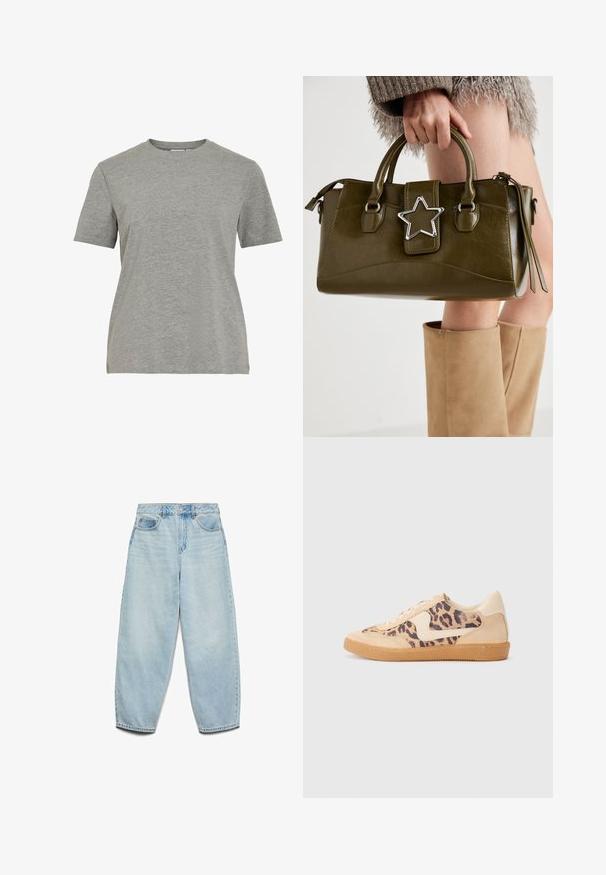 Szürke pamut póló, klasszikus kerek nyakú, rövid ujjú és sima textúrájú, alkalmi viseletre ideális.; Világoskék farmernadrág, amely laza szabású, magas derékú és széles szárú, kissé megkopott textúrával és klasszikus öt zsebes kialakítással rendelkezik.; Leopárdmintás sportcipő bézs velúr felsőrésszel, világosbarna gumitalppal és fehér kiegészítőkkel. Kerek orr, fűzős kialakítás, és textúrázott felület jellemzi.; Olívazöld műbőr kézitáska ezüst csillag díszítéssel, dupla fogantyúval és cipzáros zárással. Texturált felület és formázott alak.