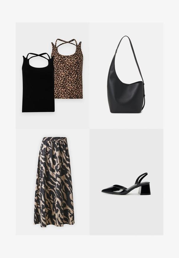 Kaks tanki särki on välja pandud: üks must ristvöötmete ja teine tan põhja ning musta leopardimustriga. Mõlemal on ümar kaelus.; Mustikas ja beež pikk seelik elastse vöökoha ja abstraktsete loomamustritega, voolava siluetiga.; Mustad musta lakknahk kingad, millel on terav varvas ja geomeetriline plokkkonts. Omab elegantselt minimalistlikku disaini ja sujuvat tekstuuri.; Mustast nahast hobo kott, millel on sile tekstuur, kumer kuju ja üks reguleeritav rihm; peal on lai avaus.