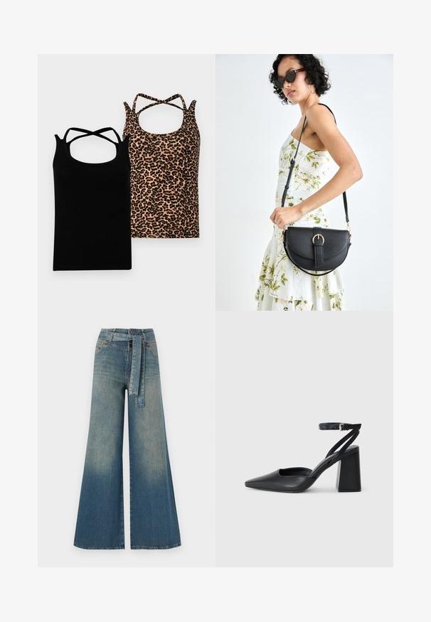 Two tank tops are displayed: one black with crisscross straps, and one with a tan base and black leopard print. Both have a scoop neckline.; Wide-leg denim trousers featuring a light to dark blue gradient, high waist, belt loops, and a matching fabric belt. Textured denim finish.; Black leather pointy-toe pump with an ankle strap and a chunky heel. Flat texture, sleek design, and minimalistic aesthetics.; Black leather handbag with a curved shape, detachable strap, and gold hardware. The bag features a flap with a buckle detail.
