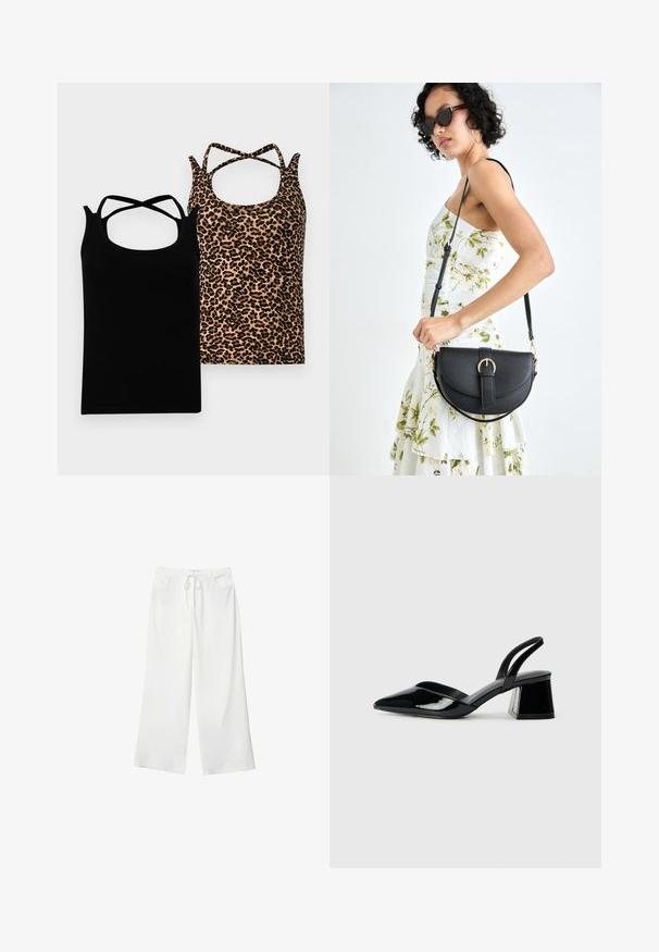 Två linnen visas: ett svart med korsade axelband och ett med sandfärgad bas och svart leopardmönster. Båda har en rundad halsringning.; Vita vida byxor i mjukt tyg med dragsko i midjan och två framfickor. Slät textur och inga synliga mönster.; Svarta lackläder slingback klackar med spetsig tå och geometrisk klack. Har en elegant, minimalistisk design och slät yta.; Svart läderhandväska med en böjd form, avtagbar rem och guldiga detaljer. Väskan har ett lock med en spänndetalj.