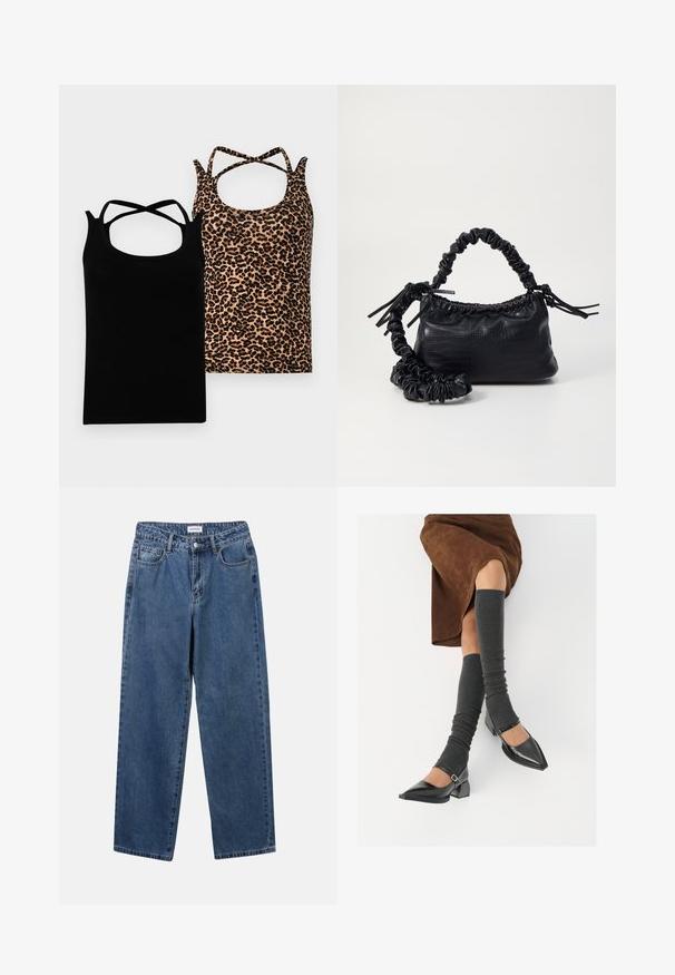 Se muestran dos camisetas sin mangas: una negra con tirantes entrecruzados y otra con una base color bronce y estampado de leopardo negro. Ambas tienen un escote redondeado.; Jeans de mezclilla azul clásico con un diseño de pierna recta, cinco bolsillos y cierre de botón. Presenta un lavado medio y una textura resistente.; Zapatos de charol negros con punta afilada, tacón bloque y tira de tobillo, combinados con calentadores de piernas de canalé grises y una falda de ante marrón.; Bolso de mano de imitación cuero negro con textura de cocodrilo, parte superior fruncida y correa arrugada. Presenta un diseño suave y compacto.