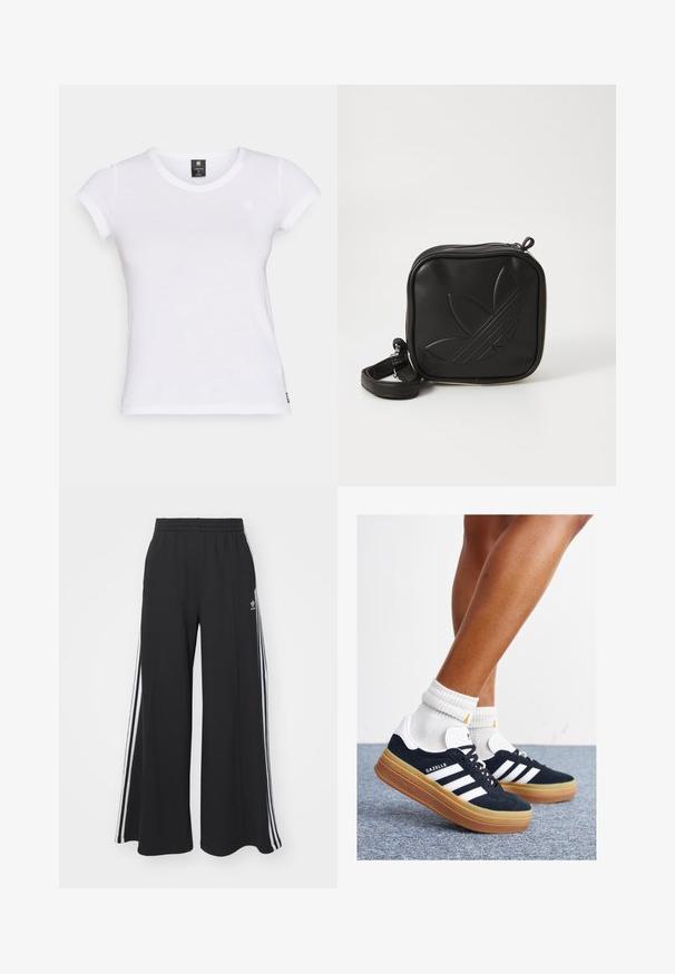 Hvid kortærmet T-shirt med rund halsudskæring, lavet af blød stof. Har et lille logo på brystet og en lige kant.; Sorte brede sweatpants med elastisk talje, med hvide sidelommer og et broderet logo på venstre lår.; Sorte sneakers i ruskind med hvide striber og detaljer, rundet tå, ydersål i gummi, kombineret med hvide ribstrikkede crew sokker.; Sort kvadratisk crossbody taske lavet af tekstureret syntetisk materiale. Har et prægede logo design og justerbar strop. Lynlåslukning.