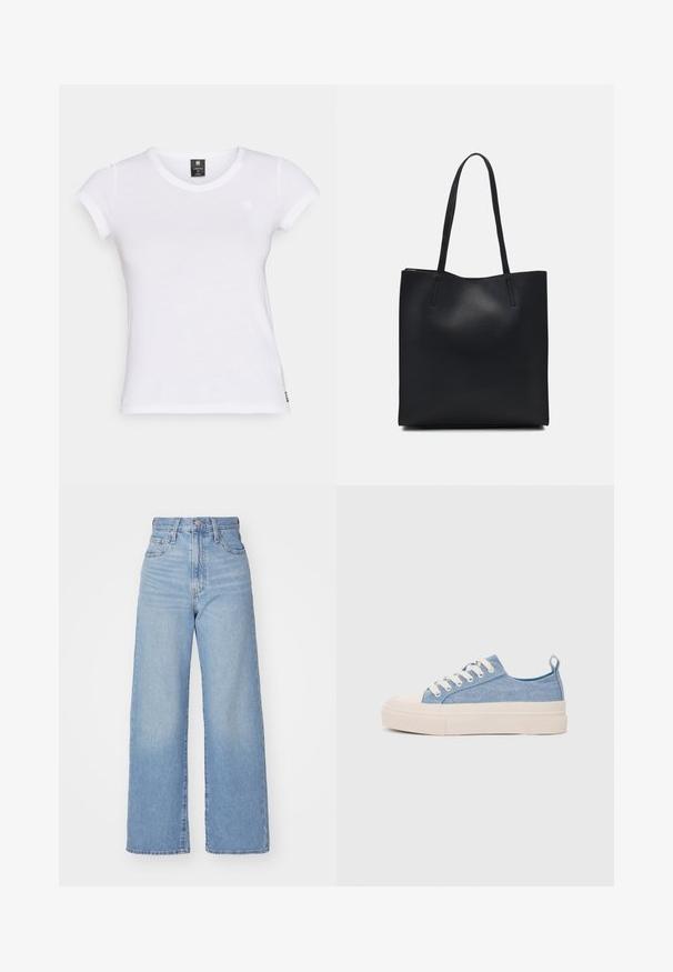 Valge lühikeste varrukatega T-särk, ümmarguse kaelusega, pehmest kangast. Sellel on rinnal väike logo ja sirge alläär.; Heledad sinine kõrge vöökohaga laiad teksad, ees nupp ja tõmblukk, ees ja taga taskud, valge tausta peal.; Heledad sinised kangast tennisekingad koorevärvi kummist varbakatte ja taldaga, millel on valged paelad ja tõmblukk kandadel.; Mustast nahast kott sujuva tekstuuriga, ristkülikukujuline ja kahe pika sangaga. Pole nähtavat riistvara ega kaunistusi.