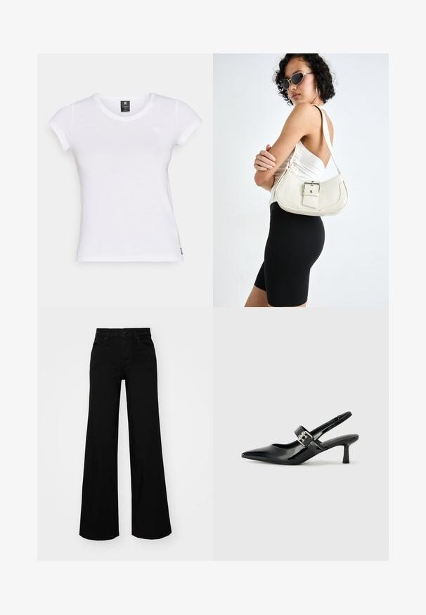 Valkoinen lyhythihainen t-paita, jossa on pyöreä kaula-aukko ja pehmeää kangasta. Edessä on pieni logo rinnassa ja suora helma.; Musta leveälahkeinen farkkupanta, jossa on rakenteellinen vyötärö, vyölenkit ja etutaskut. Sujuva rakenne klassisella muotoilulla.; Musta patenttinaahkakengät, joissa on osoittava kärki ja pieni lohko korko, varustettuna hopeisella soljella hihnassa.; Valkoinen nahkalaukku, jossa on kaareva muoto, säädettävä olkahihna ja pieni solk yksityiskohta. Mallilla on yllä tiukka musta asu.; Mustat hartsipaidat, joissa on sileä, kiiltävä pinta ja pyöristetyt reunat. Sisäpuolella on pieni kultainen "Pilgrim"-logo.