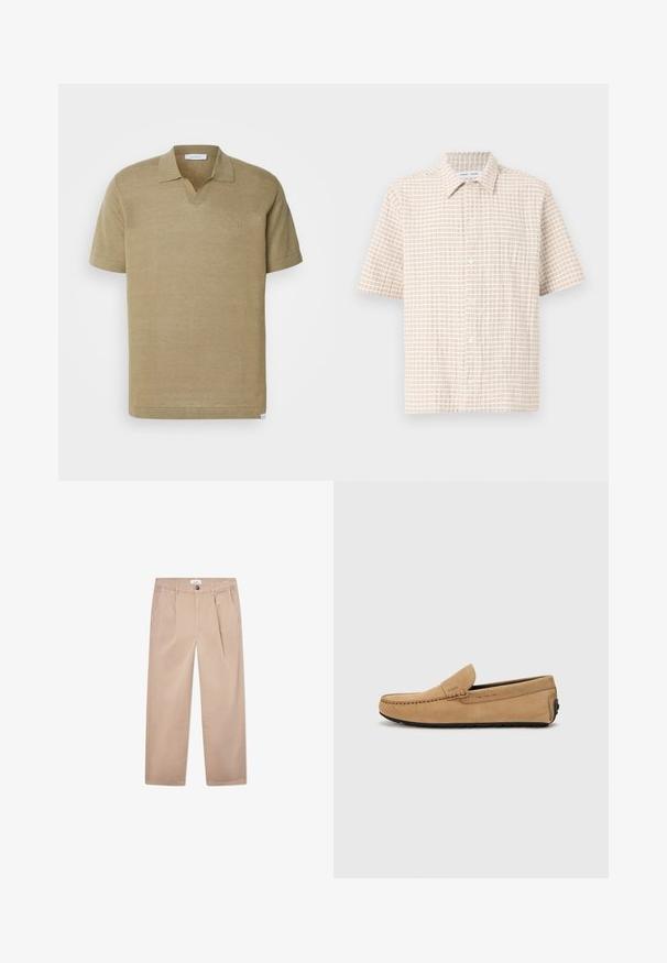 Les Deux EMMANUEL - Poloskjorter - surplus green; Kortsleppet, lys beige skjorte med et rutemønster i myk brun, knapp-frontend design og klassisk krage. Glatt stofftekstur.; Kaki bukser laget av bomull med rette ben, med to frontlommer, knappelukking og klassisk passform.; Beige semsket moccasins med sydd tå, slip-on design og svart gummisåle. Har subtil merking på siden.