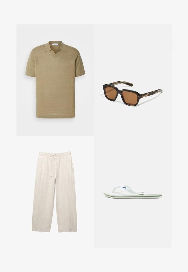 Les Deux EMMANUEL - Pikeepaita - surplus green; Vaaleanbeige pellavahousut, joissa on joustava vyötärö, säätönyöri, leveät lahkeet ja sivutaskut. Sulava rakenne.; Valkoinen flip-flop, jossa on teksturoitu pohja, kapeat remmit ja monivärinen korostuslinja pohjassa. Remmissä on logo.; Muoviset aurinkolasit, joissa on kilpikonnakuosiset kehykset, oktaalimuotoiset ruskeat linssit ja ohuet kultaiset yksityiskohdat kehystyksessä.