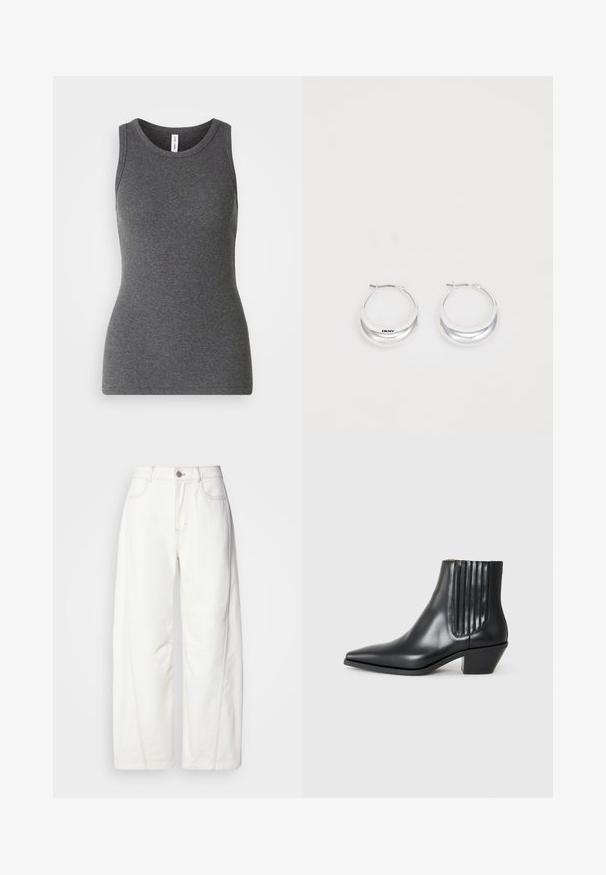 Gray sleeveless tank top made of ribbed material; features a round neckline and a fitted design. No patterns or additional accents.; White wide-leg jeans made from denim with visible stitching. Features a button closure and slight texture. Pockets on the front.; Black leather ankle boot with pointed toe, elastic side panels with vertical grooves, and a low block heel. Smooth texture and sleek design.; Silver hoop earrings with a polished finish and DKNY branding, displayed against a plain white background.