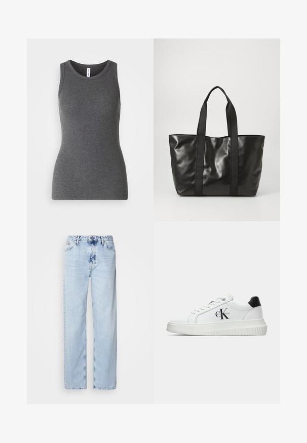 Top sin mangas gris hecho de material acanalado; cuenta con un cuello redondo y un diseño ajustado. Sin patrones ni acentos adicionales.; Jeans de pierna ancha en azul claro, confeccionados en denim, con una cintura alta, un lavado desgastado y un sutil patrón de tie-dye en la parte delantera.; Zapatilla baja blanca con talón negro, suela de plataforma, cordones y logotipo "CK" de Calvin Klein en el lado.; Bolso tote negro brillante hecho de material sintético, con dos asas planas y detalles del logotipo en relieve en los laterales. Diseño espacioso.; Pendientes de aro de plata con un acabado pulido y la marca DKNY, exhibidos sobre un fondo blanco liso.