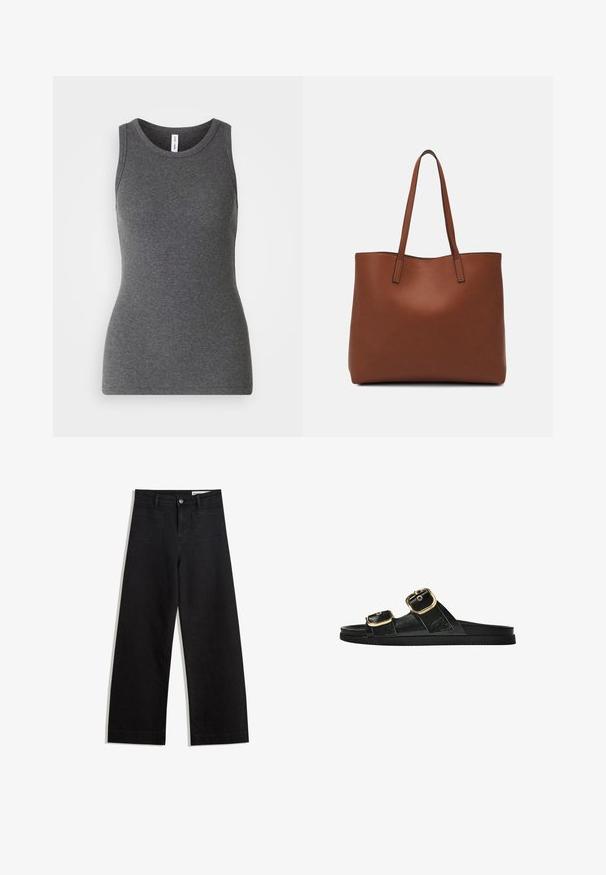Sivý bezrukávový tričko z rebrovanej látky; má okrúhly výstrih a priliehavý strih. Žiadne vzory ani ďalšie akcenty.; Čierne denimové nohavice s širokými nohavicami a vysokým pásom, so prednými a zadnými vreckami, šitými švami a zapínaním na gombík. Hladká textúra.; Čierne šľapky s dvoma zlatými prackami, hladký textúrovaný materiál, plochá podrážka a minimalistický dizajn.; Hnedá kožená taška na rameno s hladkou textúrou, otvoreným vrchom a dvoma ramenými popruhmi. Má minimálne šitia a žiadne viditeľné kovania.