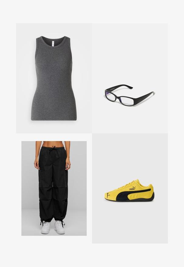 Grå ærmeløs tanktop lavet af ribbet materiale; har en rund halsudskæring og et tætsiddende design. Ingen mønstre eller yderligere detaljer.; Sorte cargo-bukser har en snørestræk i taljen, løst fit og flere lommer. Stoffet virker let med en mat tekstur. Bærers sammen med hvide sneakers.; Gul ruskinds sneakers med sorte ruskindsdetaljer. Har en struktureret sål, snørelukning og Puma-logo på siden og tungen.; Sorte rektangulære briller med klare linser. Blank finish, smalle stænger, og lilla nuance synlig i kanterne af linsen.
