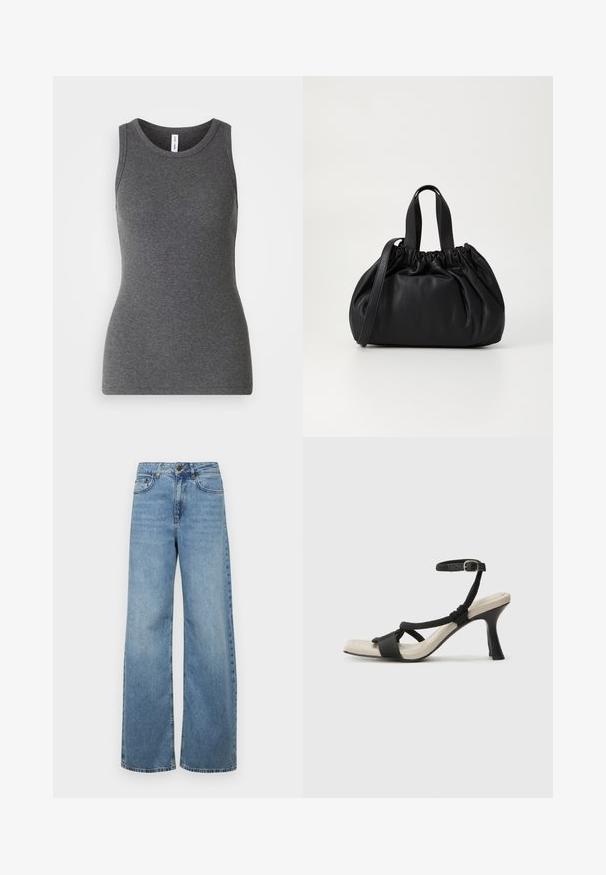 Grå ærmeløs tanktop lavet af ribbet materiale; har en rund halsudskæring og et tætsiddende design. Ingen mønstre eller yderligere detaljer.; Lysblå vidde jeans lavet af denim, med høj talje, frontlommer og et klassisk fem-lommers design, med subtil bleget effekt.; Sorte hælede sandal med flettet remdesign, firkantet tå og justerbar ankelrem. Lys beige fodseng med en blank sort hæl.; Sort læderhåndtaske med en samlet topdesign, der har to korte håndtag og en lang justerbar rem. Glat overflade, rund form.