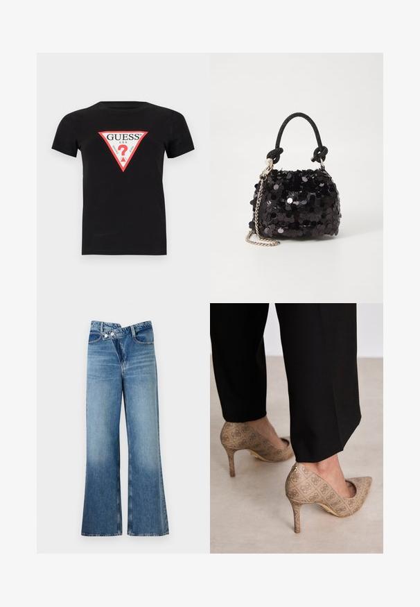 Črna bombažna majica s kratkimi rokavi, ki ima trikotno rdeče in bele logotipe z napisom "GUESS U.S.A." in vprašajem v osredini.; Svijetloplave traperice s flared krojem i visokim strukom, koje se zatvaraju s dva gumba i imaju prednje džepove. Tkanina ima izblijedjeli izgled s suptilnim varijacijama.; Bež čevlji na visokem petem z teksturirano tkanino, ki ima ponavljajoč vzorec. Oblika z ostrim nosom z zadaj poudarjenim delom in zlatim podplatom.; Črna mini torbica s palčkami iz bleščic, z vozlanim teksturiranim trakom in srebrnima verigama. Okrogla oblika z nabranim vrhom in odsevnimi detajli.