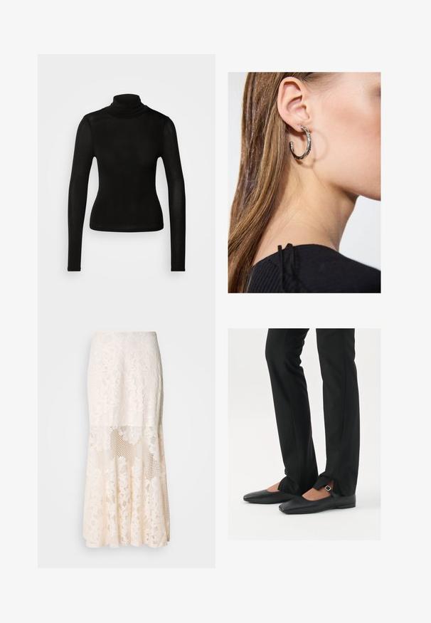 Musta poolikaula toppi, joka on valmistettu kevyestä ja joustavasta materiaalista. Siinä on pitkät hihat ja istuva siluetti ilman näkyviä saumoja.; Kermakuvioinen midi-hame; siinä on kerroksellinen rakenne, läpinäkyviä osia, teksturoitua pitsiä ja levenevä helma.; Musta nahkakengät balettityylillä, kärjessä terävä muoto, hihna hopeasoljella, yhdistetty mustiin räätälöityihin housuihin, joissa on halkiohelma.; Hopea renkaankorvakoru kiiltävällä pinnalla, jossa on pieniä kultaisia yksityiskohtia ja pyöreä muoto, käytetty korvalla.