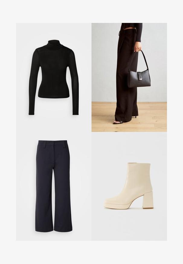 Svart turtleneck-genser laget av et lett, elastisk materiale. Har lange ermer og en tettsittende silhuett uten synlige sømmer.; Vide benbukser i mørk navy-stof. Har flad front, bæltesløjfer og sidelommer. Materialet er glat med en let stræk.; Beige lærankelstøvlett med blokkhæl og plattformsåle, glatt overflate og lett firkantet tå, vendt mot venstre på hvit bakgrunn.; Svart håndveske med strukturert form, jevn tekstur og metallisk lås. Kombinert med brede svarte bukser og sandaler med åpen tå på tregulv.