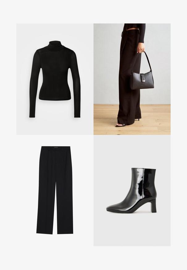 Juodas golfas, pagamintas iš lengvos, elastinės medžiagos. Savybės: ilgomis rankovėmis ir prigludusia siluetu be matomų siūlių.; Juodos kelnes su tiesiomis sijonais, turinčios dvi priekinės kišenės ir juosmenį. Pagamintos iš lygios, lengvos medžiagos.; Juodos lakuotos odinės aulinukės su smailiu pirštu ir vidutinio aukščio blokuotu kulnu. Lygus paviršius ir minimalistinis dizainas.; Juodas rankinė struktūrizuota forma, lygi tekstūra ir metalinis užsegimas. Suporuota su plačiomis juodomis kelnėmis ir atvirais bateliais ant medinių grindų.