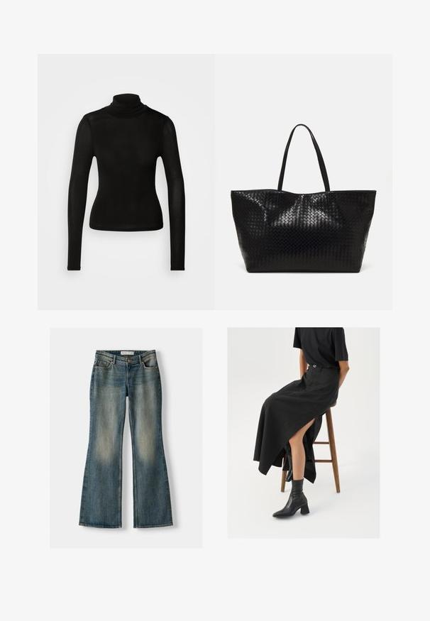 Schwarzes Rollkragenoberteil aus einem leichten, dehnbaren Material. Verfügt über lange Ärmel und eine figurbetonte Silhouette ohne sichtbare Nähte.; Blaue Schlagjeans mit einem ausgewaschenen Look, fünf Taschen und einem Knopfverschluss. Das Material zeigt eine Denim-Textur mit dezenten Stickdetails.; Schwarzer Leinen-Maxi-Rock mit hohem Schlitz, getragen mit einem schwarzen T-Shirt und schwarzen Knöchelstiefeln. Minimalistisches Design mit lockerer Passform.; Schwarze geflochtene Tragetasche mit zwei stabilen Griffen, die eine glänzende Textur und ein geräumiges offenes Design bietet.