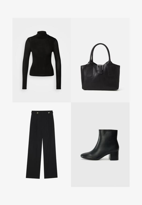 Čierny rolák vyrobený z ľahkého, elastického materiálu. Má dlhé rukávy a priliehavý strih bez viditeľných švov.; Čierne široké nohavice s vysokým pásom, so zapínaním na gombíky na páse a prednými sklady.; Čierne kožené členkové čižmy s špicatou špičkou a hrubým podpätkom. Hladká textúra s minimálnymi akcentmi a elegantným, priliehavým dizajnom.; Čierna kožená taška s hladkou textúrou, štruktúrovaným tvarom, dvoma uchami a výrazným strieborným prackovým detailom na prednej strane.