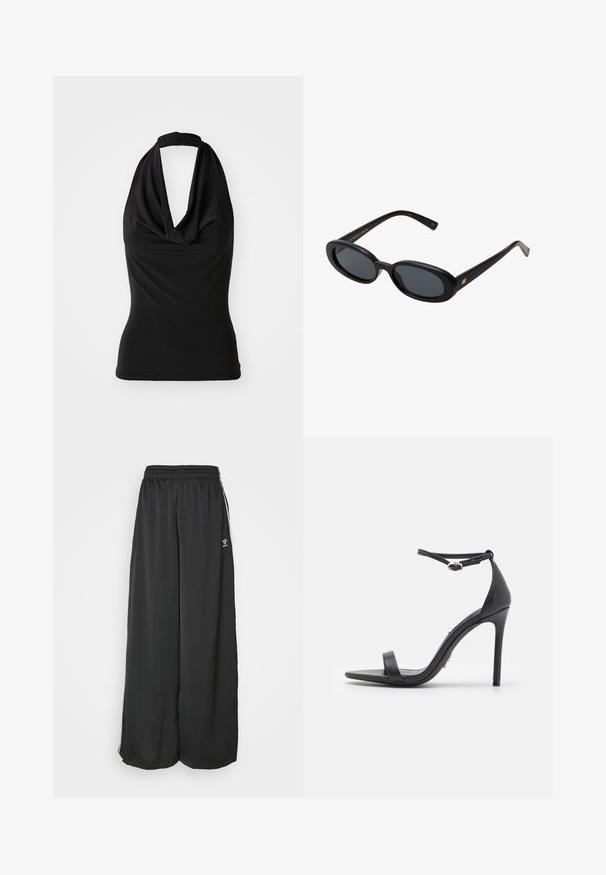 Svart halterneck-top laget av elastisk stoff, med drapert utringning og tettsittende silhuett. Sømløse kanter og glatt tekstur.; Svarte, løstsittende joggebukser laget av glatt stoff. Har elastisk midje og sidestriper med logo-aksenter.; Sorte høyhælte sandaler med åpen tå, tynne stropper og ankelspenne. Glatt lærtekstur med spiss tå-design.; Svart overdimensjonerte solbriller med ovale linser, glatt plastramme og gullakenter på bøylene. Mørke linser gir solbeskyttelse.; Roserød rektangulær klokke med metallarmbånd, steinpryd på bezel, og en hvit skive med svarte markører og visere.