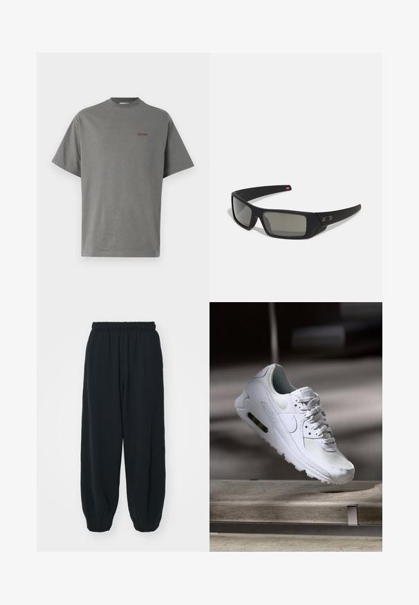 Szara bawełniana koszulka z krótkimi rękawami, okrągłym dekoltem i małym brązowym logo na lewej piersi. Gładka tekstura i luźny krój.; Czarne dresy z elastycznym pasem, luźny krój, ściśnięte nogawki, gładka tekstura, bez widocznych wzorów lub ozdób.; Białe sneakersy Nike Air Max 90 z siateczkowym i skórzanym wierzchem, perforowanym czubkiem oraz widoczną jednostką Air w pięcie.; Czarne okulary przeciwsłoneczne z matowym wykończeniem, prostokątne soczewki, lekko wygięte zauszniki, subtelny detal z logo oraz szkła w odcieniu dymnym.