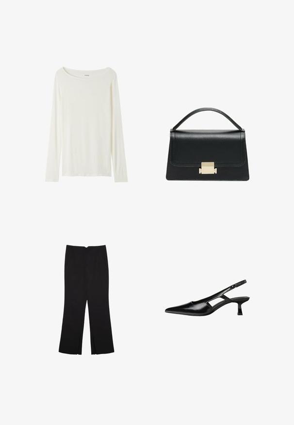 Dlouhý rukáv, top s kulatým výstřihem v krémové barvě, vyrobený z měkké látky. Disponuje rovný střihem a minimalistickým designem bez ozdob.; Černé kalhoty s rovným střihem, s předními kapsami a bočními rozparky na lemu. Vyrobené z jemné, hladké tkaniny. Vhodné na různé příležitosti.; Černé lakované lodičky na podpatku se špičatou špičkou, výřezovým designem na boku a malým čtvercovým podpatkem. Hladká textura s minimálními akcenty.; Černá kožená kabelka se strukturovaným designem, horním uchopením a zlatým kovovým zapínáním na přední straně. Hladký povrch, minimální švy.