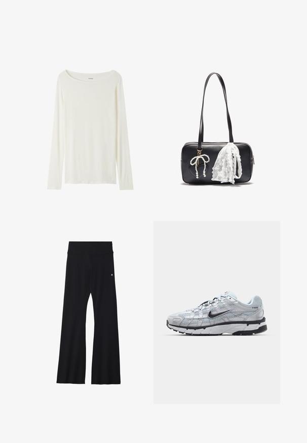 Top de manga larga y cuello redondo en color crema, hecho de una tela suave. Presenta un corte recto y un diseño minimalista sin adornos.; Pantalones de yoga negros acampanados en tejido elástico, con una cinturilla ancha y un pequeño logo cerca de la cadera. Textura suave, sin patrones.; Zapatillas Nike P-6000 con parte superior de malla gris claro, acentos negros y suela de goma negra duradera. Presentan un diseño intrincado y un sistema de cordones.; Even&Odd Bolso de mano - black