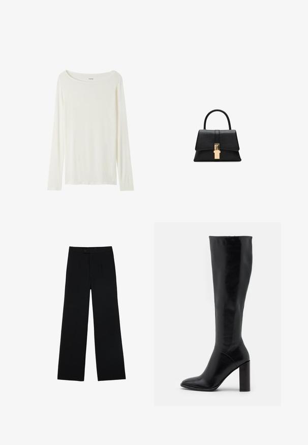 Haut à manches longues et col rond de couleur crème, fabriqué en tissu doux. Présente une coupe droite et un design minimaliste sans embellissements.; Pantalons noirs à jambes larges en tissu lisse, dotés d'une fermeture à bouton à l'avant et de deux plis pour un détail supplémentaire. Design ajusté dans l'ensemble.; Bottes en cuir noir jusqu'au genou avec un bout pointu et un talon épais. Texture lisse avec des accents minimaux et un design de tige ajustée.; Sac à main structuré noir avec une texture lisse, une poignée supérieure unique et un fermoir doré à l'avant. Design minimaliste.; Boucles d'oreilles créoles en or texturé et brillant, de forme rectangulaire irrégulière, avec des motifs légèrement en relief et en creux sur un fond blanc.