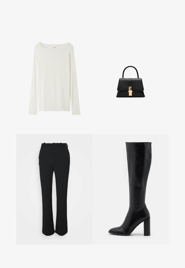 Long-sleeve, crew neck top in cream color made from soft fabric. Features a straight cut and minimalistic design without embellishments.; Black, tailored trousers with a smooth finish, straight leg design, and a waistband. Features subtle stitching details and no pockets.; Knee-high black leather boots with pointed toe and chunky heel. Smooth texture with minimal accents and a fitted shaft design.; Black structured handbag with a smooth texture, a single top handle, and a gold-tone clasp detail at the front. Minimalist design.; Textured shiny gold irregular rectangular stud earrings with subtle raised and indented patterns on a white background.