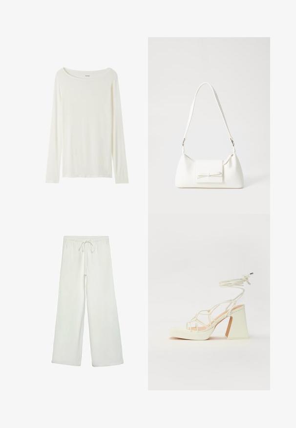 Haut à manches longues et col rond de couleur crème, fabriqué en tissu doux. Présente une coupe droite et un design minimaliste sans embellissements.; Pantalons larges blancs en tissu doux. Dotés d'une taille élastique avec cordon de serrage et d'une texture lisse. Aucuns motifs visibles ni éléments en métal.; Sandale blanche à talons hauts avec un talon épais, présentant un design à lanières et un lien autour de la cheville. Texture lisse avec une plateforme à l'avant pour une hauteur supplémentaire.; Sac à main synthétique blanc en forme triangulaire, avec un rabat avant plat et un détail en nœud, une bandoulière ajustable, une texture lisse et un design minimaliste.