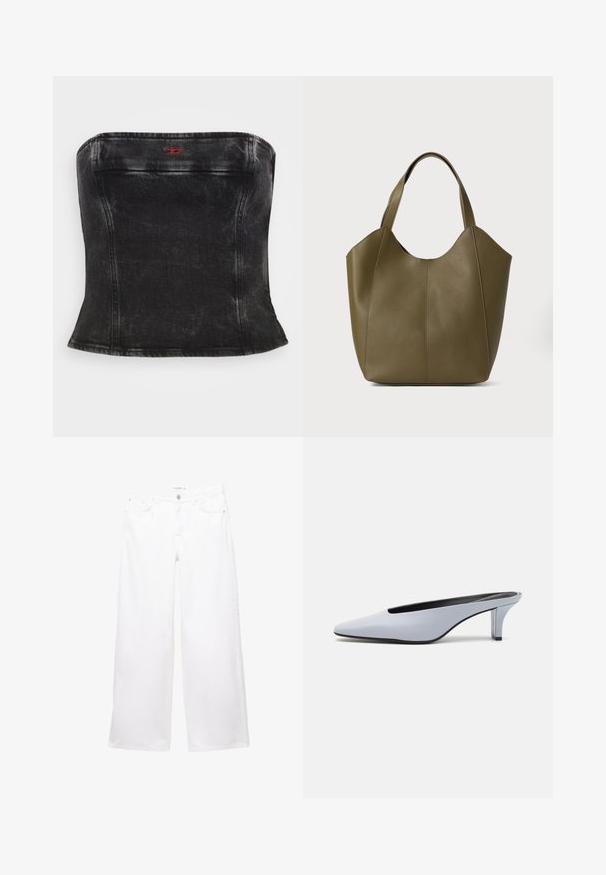 Zwart denim strapless top met een aansluitend ontwerp, voorzien van gebogen naden en een klein rood logo accent nabij de halslijn. Maak met een gladde textuur.; Witte wijde spijkerbroek van denim met een gladde textuur. Voorzien van een knoop- en ritssluiting, met twee voorkanten en twee achterzakken.; Lichtblauwe patentleren mule met een spitse neus, een lage doorzichtige hak, en een strak ontwerp met een uitsparing bij de vamp.; Olijfgroene leren tote bag met dubbele straps, een gladde textuur en een ontwerp met vier panelen. Verstevigde stiksels langs de naden voor duurzaamheid.