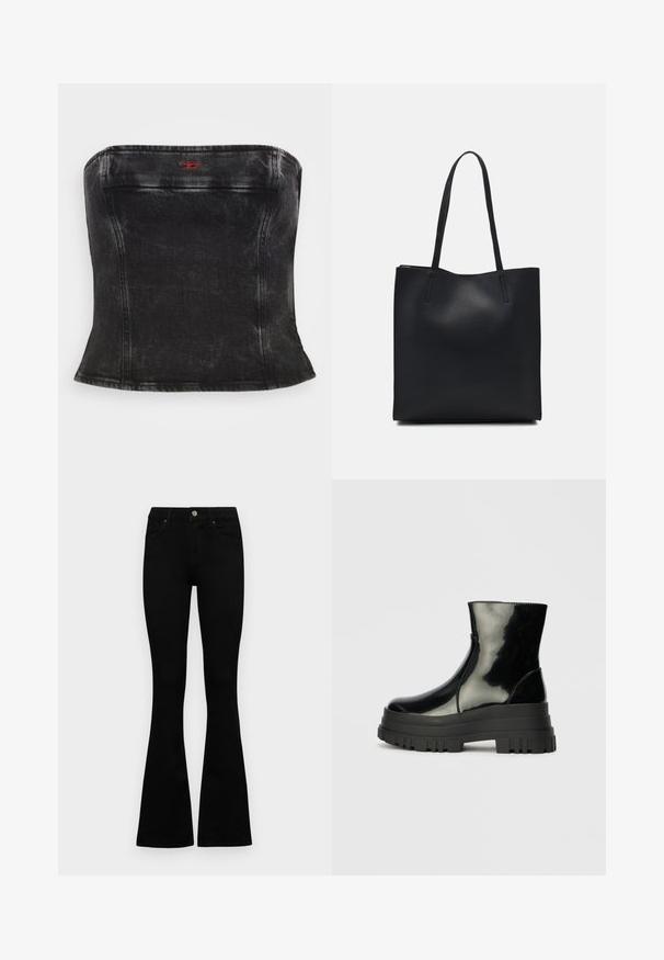 Czarny dżinsowy top bez ramiączek o dopasowanym kroju, z zaokrąglonymi szwami i małym akcentem w postaci czerwonego logo przy dekolcie. Gładka tekstura.; Czarne, wysokie dżinsy z guzikem i zamkiem błyskawicznym, z przednimi kieszeniami i rozszerzanymi nogawkami, leżące płasko na białym tle.; Czarne błyszczące botki sięgające kostki z grubą podeszwą i zaokrąglonym czubkiem, widok z boku na jednolity jasnoszary tle.; Czarna skórzana torba tote o gładkiej fakturze, prostokątnym kształcie i dwóch długich uchwytach. Brak widocznych elementów metalowych i ozdób.